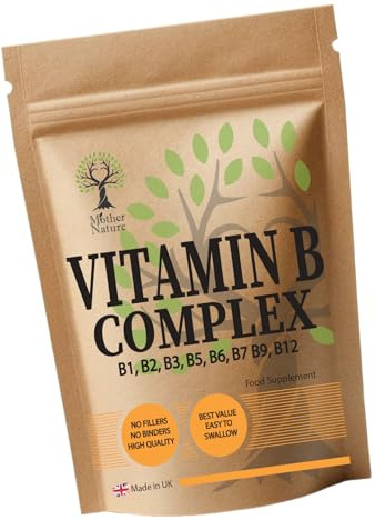 Vitamin B Complex Capsules – Active B1, B2, B3, B5, B6, B7, B9, B12 – High Absorption, Clean Label, Vegan Formula – UK Made - Mother Nature® (180 Capsules (3x60))