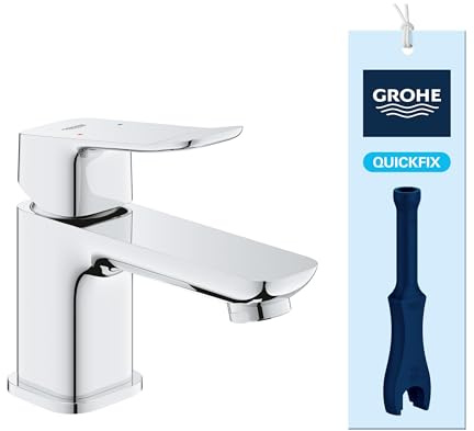 GROHE Dice, Waschtischarmatur klein, wassersparend (Wasserhahn für das Bad, Badarmatur mit Zugstangen-Ablauf, 12cm hoch, mit 3in1 Werkzeug, einfache Installation am Waschbecken), chrom, 1018550000