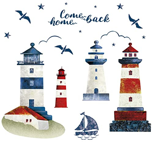 decalmile Pegatinas de Pared Faro Náutico Vinilos Decorativos Barco Gaviota Velero Adhesivos Pared Dormitorio Baño Salón Casa TV