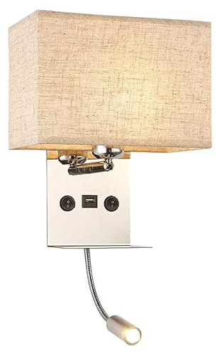 LANMOU Wandlampe Schlafzimmer mit Schalter, E27 Wandleuchte Innen mit Leselampe & Ablage, USB-Anschluss, Beige Stoffschirm, Warmweiß LED Leselampe Wand Nachtlampe für Schlafzimmer Wohnzimmer Hotel