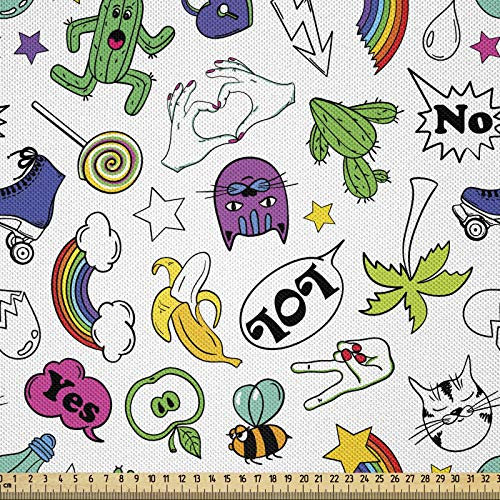 ABAKUHAUS emoticon Tela por Metro, 80. El conjunto colorido del cómic, Decorativa para Tapicería y Textiles del Hogar, 1M (148x100cm), Verde Multicolor