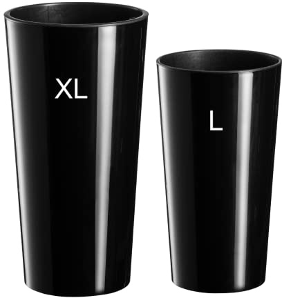 MELTOM Blumenkübel 2er Set Rund Ø 25+29 cm Schwarz Hochglanz mit Einsatz | Gefäße 21+28,4 L, Innentöpfe 9,5+12,5 L herausnehmbar · Höhen 46,5 / 57 cm · Innen & Außen · ohne Abflussloch