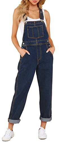 luvamia Women's Casual Adjustable Denim Bib Overalls Jeans Pants Fashion Loose Overall Jumpsuits Deep Blue Size Medium