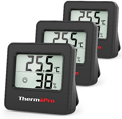 ThermoPro TP157 Mini Hygrometer Thermometer Innen 3er Set 0.5℃ Präzise Raumthermometer Luftfeuchtigkeitsmesser mit Smiley-Indikator Ideal für Wohnzimmer, Büro, Garage oder Gewächshaus, Schwarz