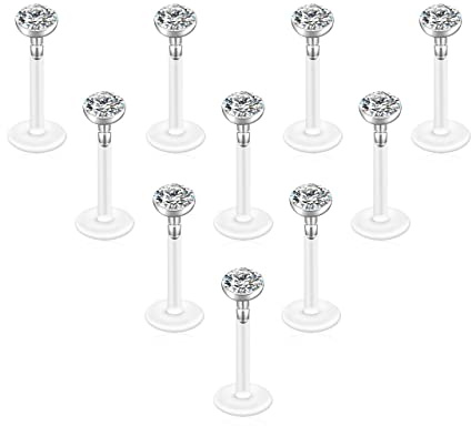 Jovivi 16G Tragus Earrings 3mm CZ Helix Lip Labret Piercing Jewellery Flexible Acrylic Bioflex Clear Nose Labret Studs Retainer 8mm Lip Bar Tragus Stud Cartilage Earrings,10pcs