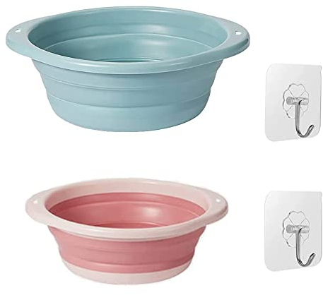 Zhailyn Folding Washing Up Bowl, 2 Pack Round Collapsible Washbasin, Portable Silicone Washing Basket, for Travel, Camping Hiking and Pets (Blue, Pink)