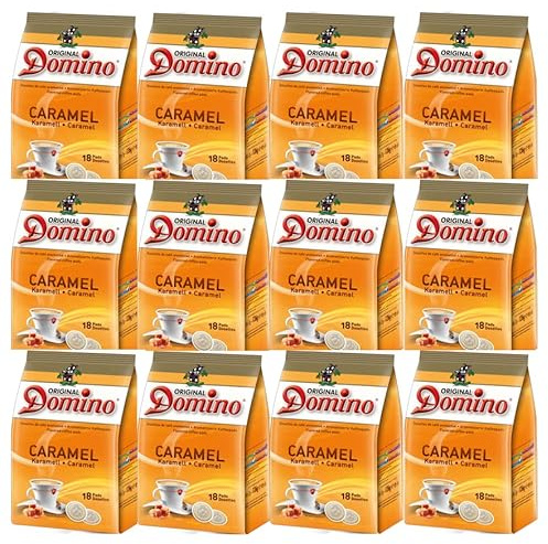 DOMINO Caramel - 216 dosettes de café aromatisé compatibles SENSEO | Dosettes souples intensité 3/5, arabica robusta - café SENSEO aromatisé caramel pour pause café gourmande maison ou bureau