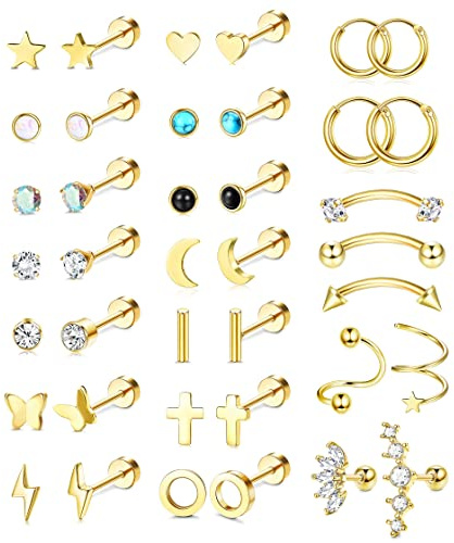Kakonia 39 Stück Helix Piercings Edelstahl Piercing Ohr für Frauen Männer Knorpelohrringe Ohrstecker Kreuz Mond Stern Kleine Ohrstecker Hypoallergen Flache Rückseite Silber Ohrringe Ohrstecker