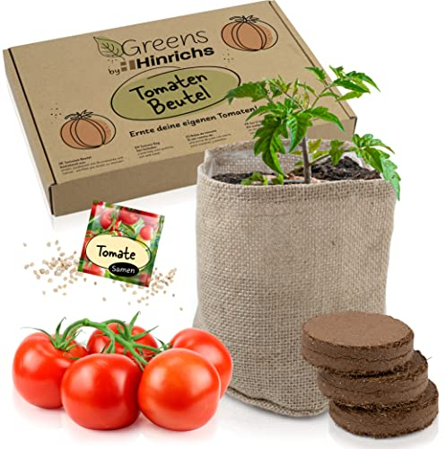 Hinrichs Greens Tomato Growing Set - Tomato Seeds incl. Seeds and Growing Soil - Natural Jute Bag for Tomato Plants - Kitchen Gift Garden Children - Tomato Growing Set