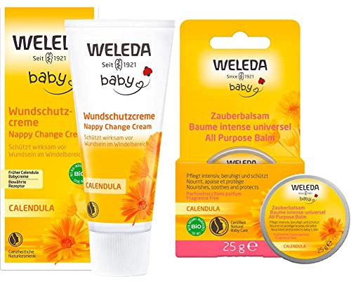 WELEDA Bio Baby Calendula Wundschutzcreme 75ml & Bio Baby Calendula Zauberbalsam - Naturkosmetik Universal Balsam für Gesicht & Körper zur Pflege & Beruhigung trockener Haut und Lippen. (1x 25g)