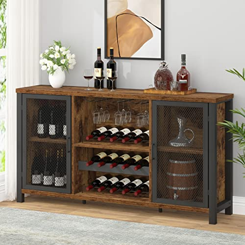 IBF Rustikaler Weinbarschrank, Kaffeebarschrank für Likör und Gläser, Bauernhaus-Holz-Buffet-Sideboard mit Aufbewahrungsregal, Wein-Likörschrank für Zuhause, Küche, Esszimmer, rustikales Braun, 140 cm
