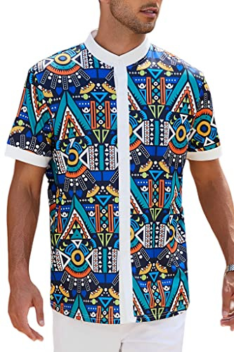 Mens African Traditional Costume Short Sleeve Button up Shirts for Men Floral Pattern Printed Summer Shirt Paisley Printed Vintage Summer Vacation Shirts for Vacation Valentines Day Gifts for him