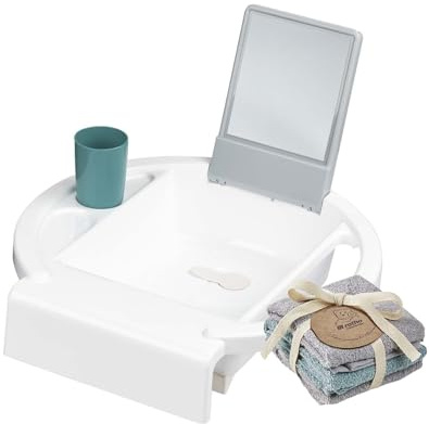 Bundle aus Rotho Babydesign Kinderwaschbecken Kiddy Wash, Zum Anbringen am Badewannenrand, 38,7 x 38,2 x 10 cm (1er Pack), Weiß, 20034 0314 01 + Rotho Babydesign Waschtücher 3er Set