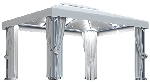 Homgoday Gazebo con Tende e Stringa di Luci LED 4x3 m Bianco Crema, Gazebo da Giardino, Gazebo Ombrellone da Giardino Spiaggia Pesca Esterno Antivento per Arredo Giardino Terrazzo Ambienti