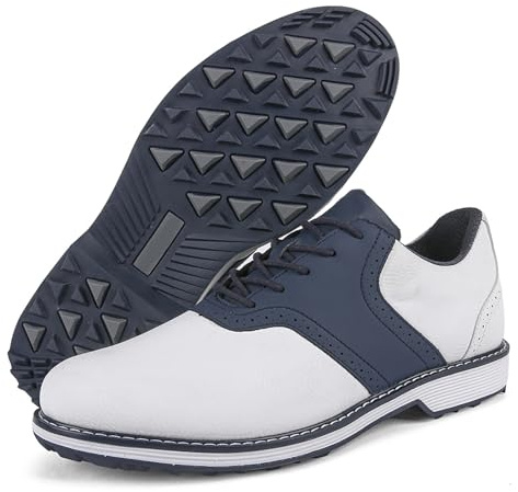 Scarpe da Golf Maschile, Pelle Business Spikeless Stivali, Sneaker Classico Traspirante Non-Slip Casual White&Blue, 46