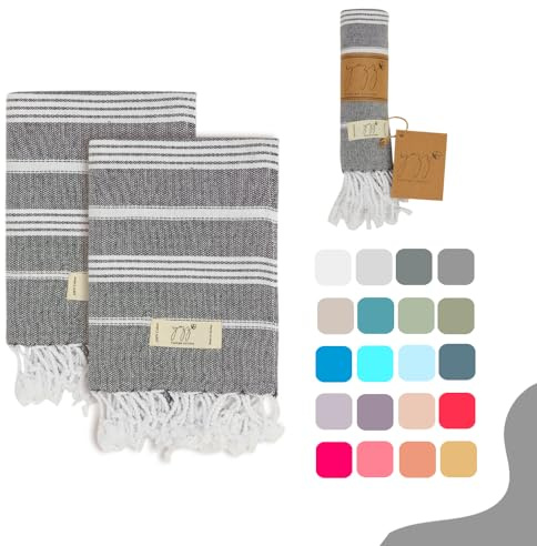Yazz Turkish Cotton Hand Towels - Set of 2, 18 x 30 inches, Cotton, Decorative Peshtemal Cotton Hand Towels for Kitchen, Bath, Guest, Face, Hair, Gym, Yoga, Dishcloth, Travel (Anthracite)