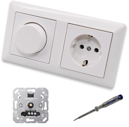 EBROM SET IDEE: JUNG 1730DD LED Dimmer + Steckdose mit Kinderschutz | Dimmer + Dimmerscheibe A1740WW + Steckdose Kinderschutz A1520KIWW alpinweiß glänzend + EBROM Phasenprüfer zur Montage
