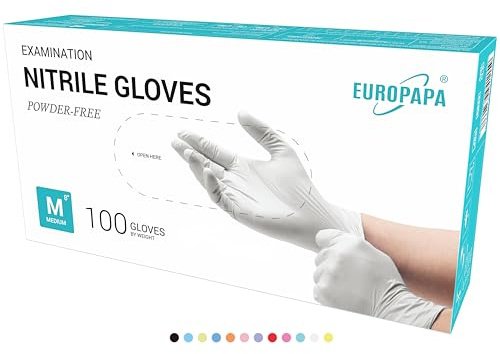 EUROPAPA 100 Guantes De Nitrilo Desechables, Guantes Desechables, Guantes De Examen, Guantes De Nitrilo, Sin Polvo, Sin LÁTex, No EstÉRiles, Sin LÁTex, Guantes Disponables (M, Blanco)
