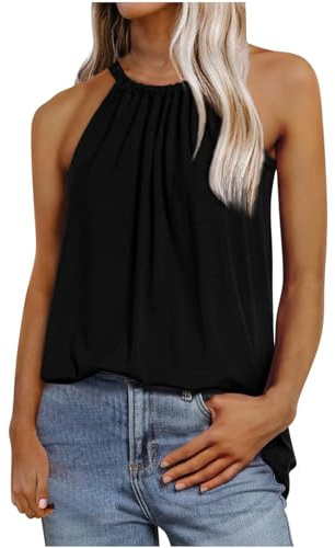 T-Shirt sans Manches Col Licou Débardeur Femme Couleur Unie Hauts Polyvalente de Plage Chemisier pour Sortir Vacances Blouse D'été Décontractés Tee Shirt à La Mode Quotidiennes Tops Respirant