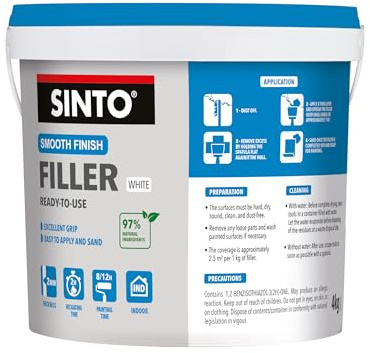 SINTO Enduit de lissage pâte blanc 4kg | Lisse petits défauts et rayures jusqu'à 2mm, finition professionnelle, facile à poncer, plâtre béton brique, prêt à l'emploi