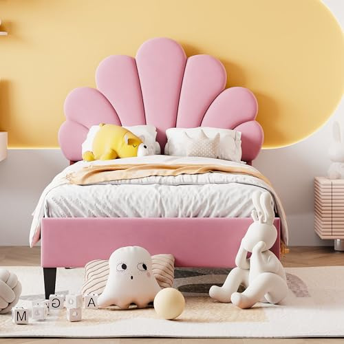 Kinderbett 90 x 200 cm Einzelbett Polsterbett, Bettgestell mit Kopfteil in Blumenform und Lattenrost, Teenie-Mädchenbett in hautfreundlichem Samtstoff, Gästebett (Farbe: Rosa)