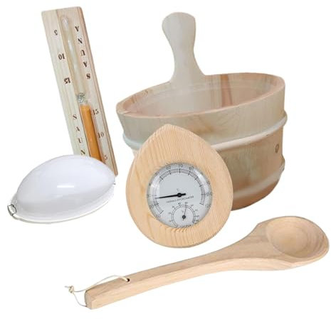 LOVIVER Sauna Wooden Bucket and Ladle Kit,Sauna Accessories Set,Portable Thermometer Lamp for Home Spa Sauna Heater Sauna Room Houses