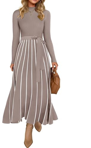 Zesica, Damen-Strickkleid für den Herbst, mit Rollkragen, langen Ärmeln und Bindegürtel, lässig und bequem geschnitten, aus geripptem Strick, in ausgestellter A-Linie, wadenlang