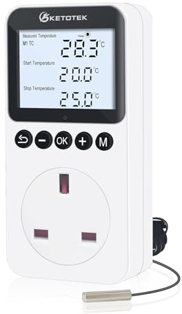 KETOTEK Day & Night Thermostat Plug Socket with Timer & Backlight | Day & Night Temperature Controller with 3m NTC Sensor Probe for Reptile Terrarium Greenhouse, Heating & Cooling
