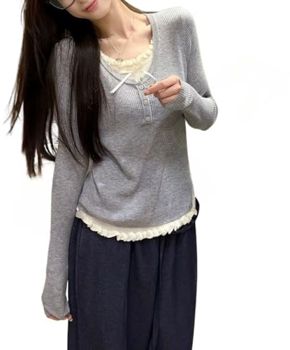 Coquette Clothes Downtown Girl Cute Esthétique Dentelle Bow Volants Crop Tops Girly Ribbe Tricot Tee Y2K Fairycore Shirts, gris, Taille M