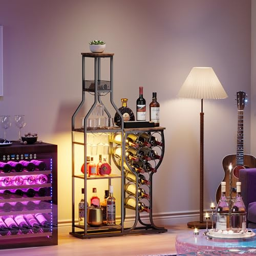 HavenlyYouth Liqueur Cabinet for Home Bar, 5-Tier Wine Rack, Free Standing Base with Wine Glass Holder, Mini Bar Stand with 11 Wine Bottles, Bar Table with Storage for Living Room, Kitchen