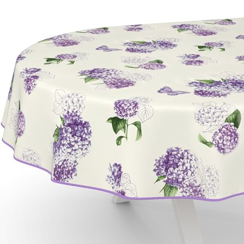 ANRO Nappe en toile cirée lavable, pour table de jardin, de forme ronde, ovale ou rectangulaire, ovale, 220 x 140 cm, avec ourlet (bordée), fleurs lilas