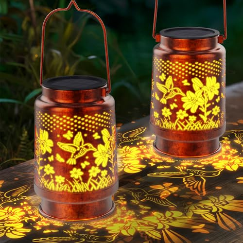 Solar Lights Outdoor Garden, KagoLing 2 Pack Hummingbird Hanging Ornaments Solar Lanterns for The Garden Lights Outdoor, IP65 Waterproof Metal Decoration Unique Birthday Gifts for Women Mum Grandma