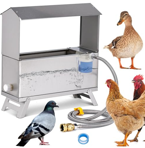 MUALROUS 6L Hühnertränke Edelstahl Automatischer Geflügeltränke Spender mit Schwimmerventil-Kit und Tretlager Hühnertränke Feeder für Hühner-Enten-Gänse-Truthähne