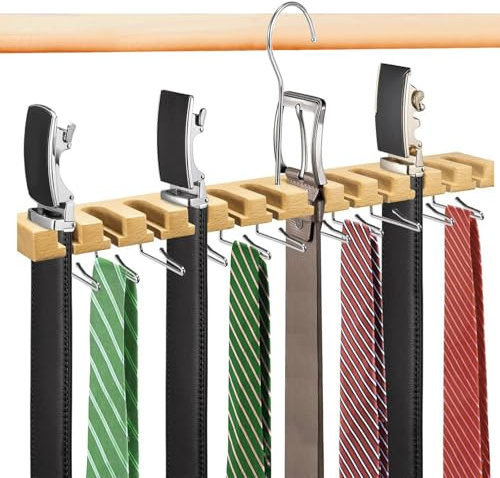 Gürtelaufhänger für Schrank, Gürtelaufbewahrung mit 12 Schlitzen, Gürtelhalter aus Holz, Gürtel Organizer mit Drehhaken für Schrank, 360° Drehbar, für Schrank, Tür, Wand