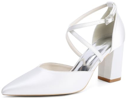 Décolleté Sposa con Tacco Largo in Raso da Donna A Punta con Cinturino Scarpe da Scarpe Festa Matrimonio 272-01X,Bianca,37 EU