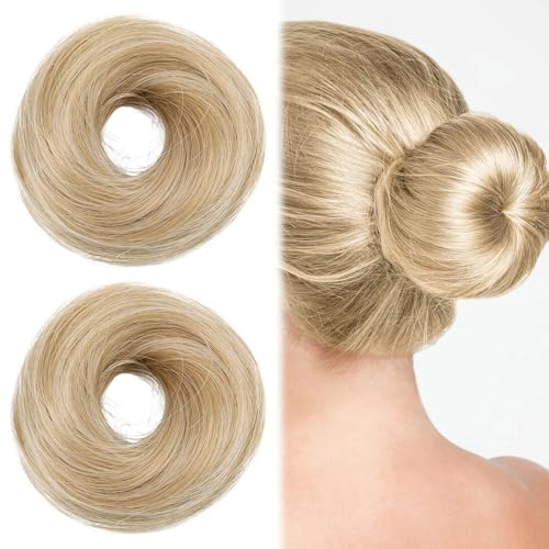 2 Stück Haargummi mit Haaren, Haarteil Blond Dutt, Elastisches Dutt Scrunchies, Synthetisches Haarteil für Frauen, Haargummi mit Haaren Zubehör