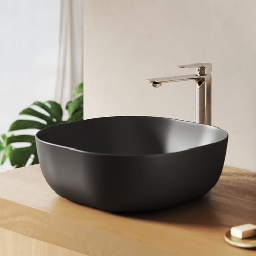 EMKE Lavabo da Appoggio Quadrato 415x415x145 mm, Nero Opaco, Facile da Installare e da Pulire, Lavabo da Bagno Antigraffio, Ideale per Bagno e WC Ospiti