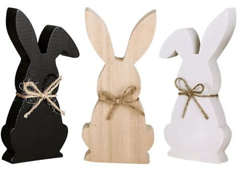 Hekasvm 3 Stück Osterhase Deko aus Holz Osterdeko Hase zum Hinstellen Osterhase Holz Figuren Ornament Frühlings Dekorationen Oster Deko für Wohnzimmer Tisch