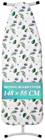 ZOFUN Ironing Board Covers 148 x 55 cm, Extra Large Ironing Board Cover with 220℃ Heat Resistance, White with Leaves Cotton Iron Board Cover Easy to Fit, Ironing Board Covers Only