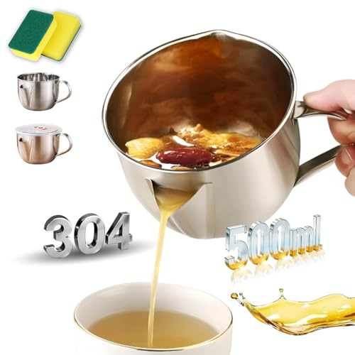 2026 New Fat Separator with Dual Spout Design - 304 Stainless Steel, Gravy Separator & Fat Separators Jug, with Ergonomic Heat-Resistant Handle, Reusable, for Soup, Hot Pot (500 ml)