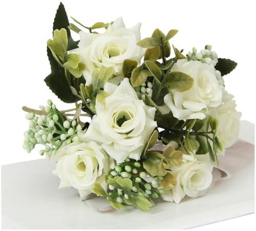 LUYYBDBG Fiori Artificiali 12 Pezzi di Rose Bouquet in Stoffa Seta per Decorazioni Domestiche Stile Europeo-Bianco Latte