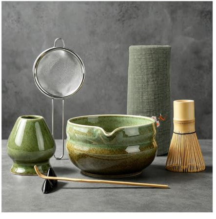 oasymala Kit Matcha 7 Piezas con Batidor Bambú Chasen | Cuenco Matcha con Pico Vertedor, Soporte Cerámica, Tamiz, Cuchara, Paño, Accesorios Matcha Latte Japonés