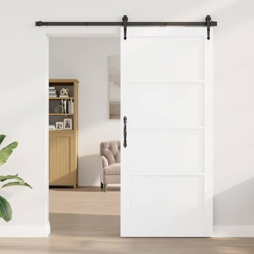 Augerlite Puerta corredera rústica para interiores, madera contrachapada de pino blanco, hoja de 93 x 211 cm, puerta de granero que ahorra espacio, con montaje, montaje en casa