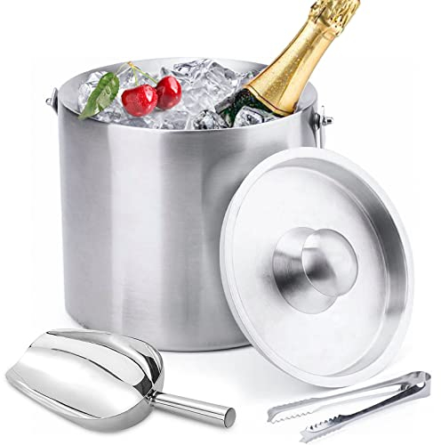 Tebery 3L Ice Bucket, Double Wall Bar Ice Buckets Set Stainless Steel, Insulated Ice Bucket Including Lid and Tongs, Scoop, Keeps Ice Cold & Dry Great for Home Bar, Party, Beer, Champagne and Wine