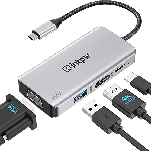 intpw USB C HDMI, Adaptador USB C a HDMI VGA con Salida de Video Dual (HDMI y VGA), Puerto de Carga rápida, Puerto USB3.0 para MacBook Air/iPad Pro 2018/HUAWEI Matebook/Samsung S8/S9 Plus y más