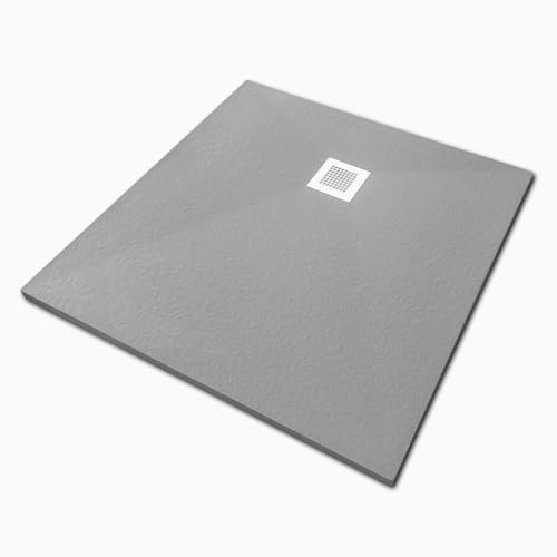 Veroni Duschwanne aus Kompositstein mit Schiefer-Muster flach (TxBxH) 100 x 100 x 3 cm Grau | Schieferstruktur, flach und modern, rutschhemmend, robust, inkl. Ablaufgarnitur