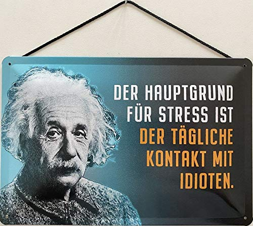Blechschild mit Kordel 30 x 20 cm Albert Einstein: Der Hauptgrund für Stress ist der tägliche Kontakt mit Idioten. - Blechemma