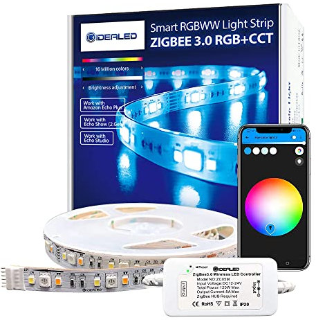 GIDEALED Smart ZigBee 3.0 Controller Dimmable Ambiance LED Kit with 16.4ft RGBWW LED Strip compatible HUB Bridge,Echo Plus for APP/Alexa Voice Control RGB Cool White Warm White(RGBCCT)LightStrip Plus