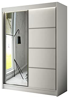 ALTDECOR Kleiderschrank mit Spiegel und Schiebetüren, kugelgelagerte Führungsschienen und Aluminium-Leisten - PAOKI - 150 cm Weiß