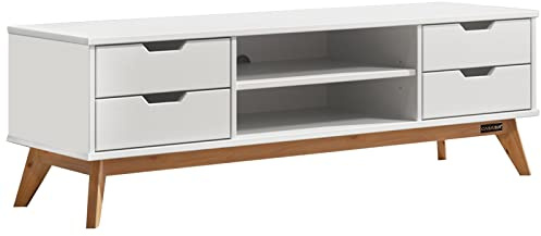Casaria® Lowboard 140x42x40cm FSC®- Zertifiziert 4 Schubladen 2 Fächer Kiefer Massiv Natur Holz Wohnzimmer Flur TV Schrank Board Fernsehtisch Möbel Weiß
